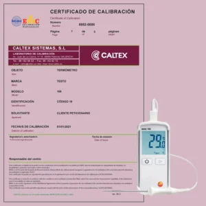 Termómetro Testo 108 junto a un certificado de calibración de Caltex